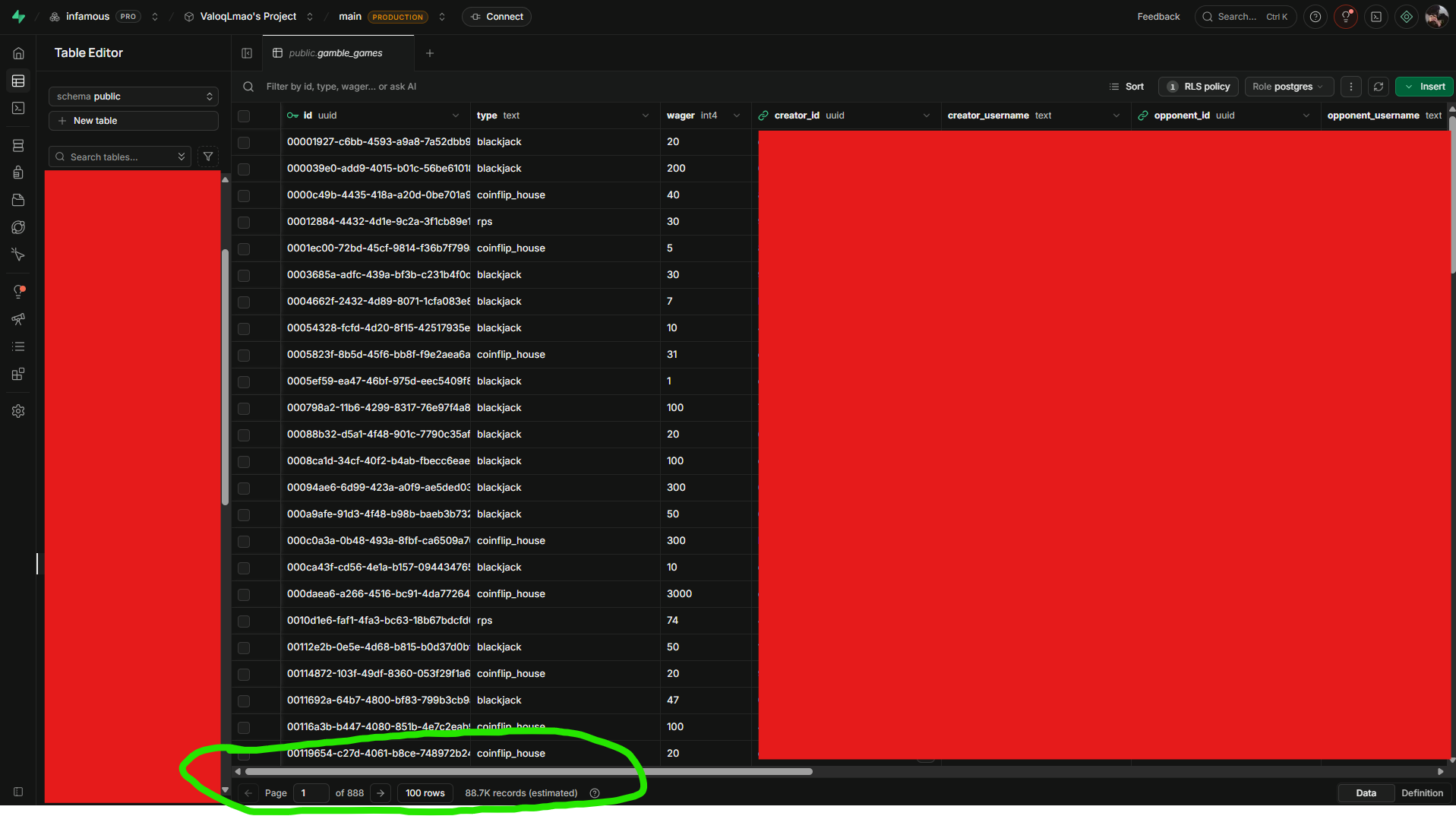 table showing 88.7k gambling game records